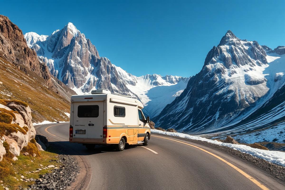 Bivalni kombi vozi po alpski cesti