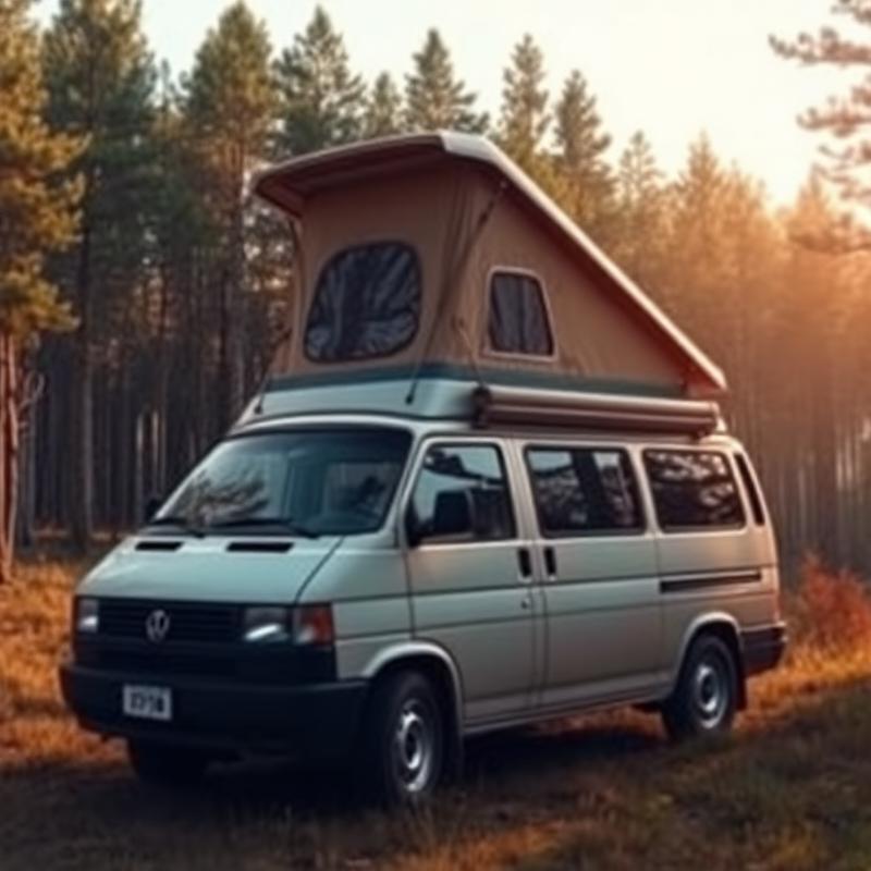Pop-top bivalni kombi v gozdu