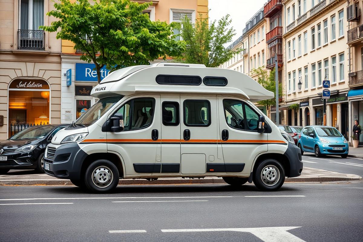 Bivalni kombi parkiran v evropskem mestu