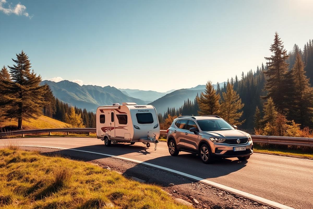 SUV vleče mini kamp prikolico po alpski cesti