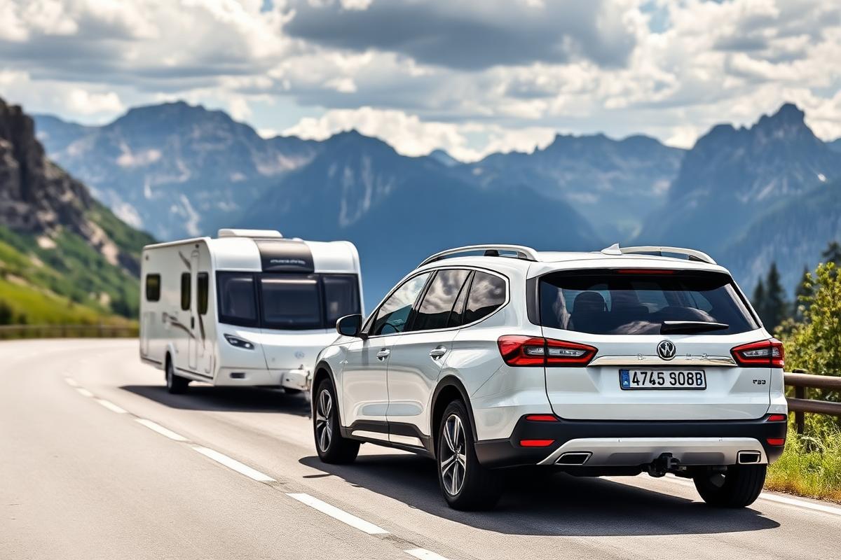 SUV vleče kamp prikolico v alpski pokrajini